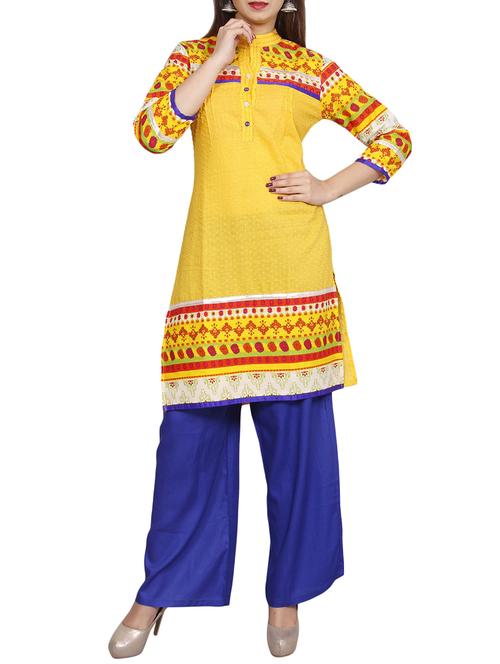 yellow cotton straight kurta - 14547302 - Very Small Image - 1