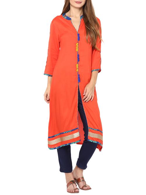 orange viscose high slit kurta - 14547324 - Very Small Image - 1