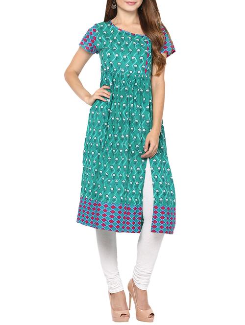 green cotton a-line kurta - 14547328 - Very Small Image - 1