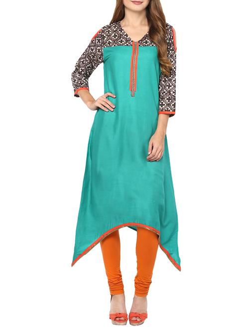 green viscose asymmetric kurta - 14547330 - Very Small Image - 1
