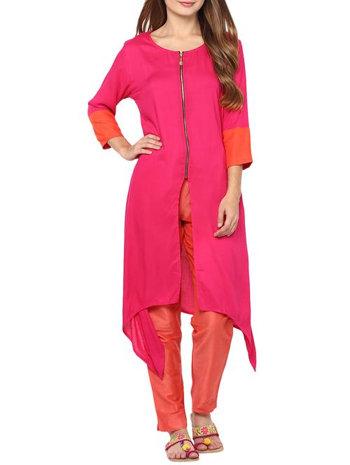 pink viscose asymmetric kurta - 14547333 - Very Small Image - 1