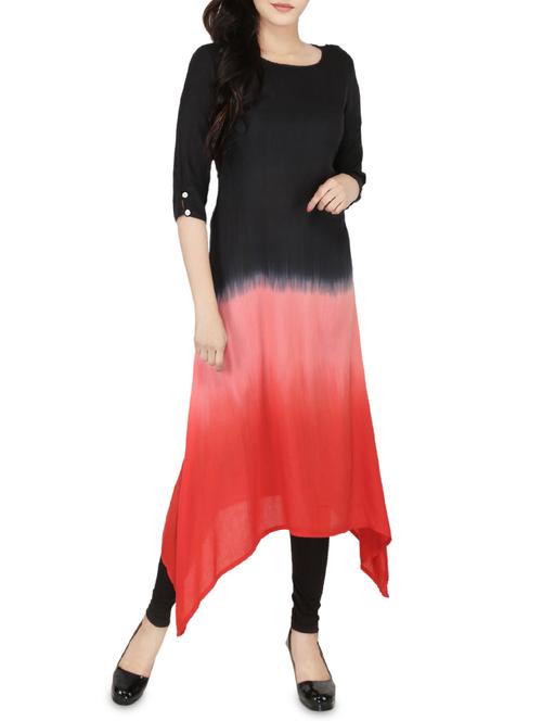 Black & red rayon asymmetric kurta - 14547348 - Standard Image - 1