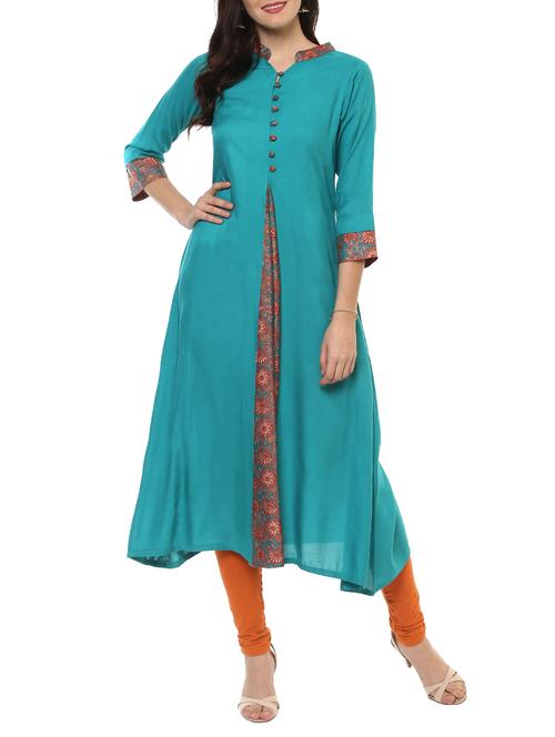 turquoise rayon flared kurta - 14547622 - Very Small Image - 1
