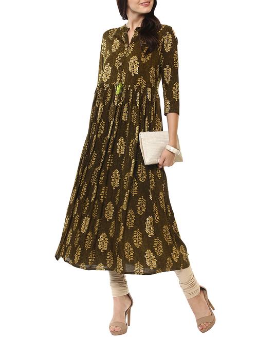 mehandi cotton flared kurta - 14547633 - Very Small Image - 1