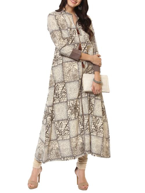 beige cotton flared kurta - 14547657 - Very Small Image - 1