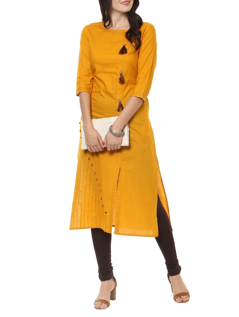 mustard cotton straight kurta - 14547659 - Zoom Image - 1