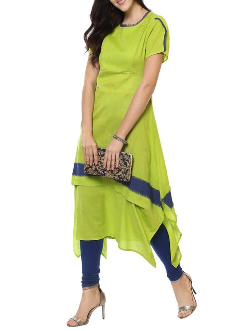 green rayon asymmetric kurta - 14547667 - Very Small Image - 1