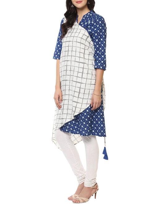 white & blue cotton layered kurta - 14547669 - Standard Image - 1