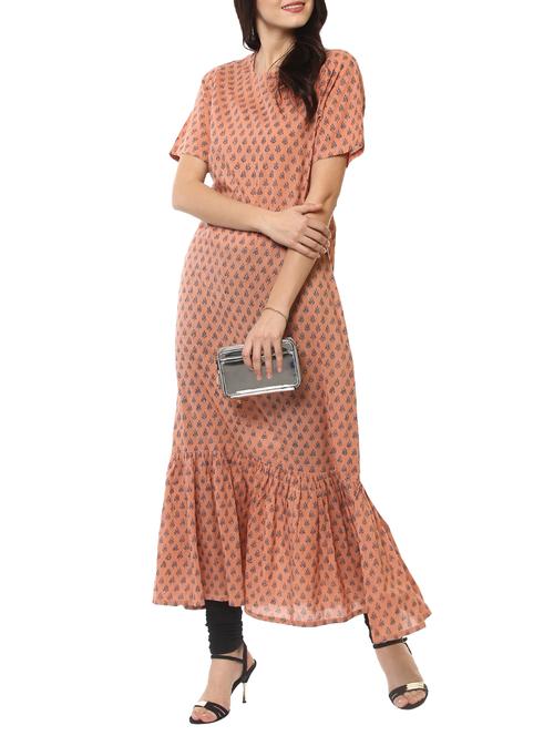 peach cotton flared kurta - 14547677 - Very Small Image - 1