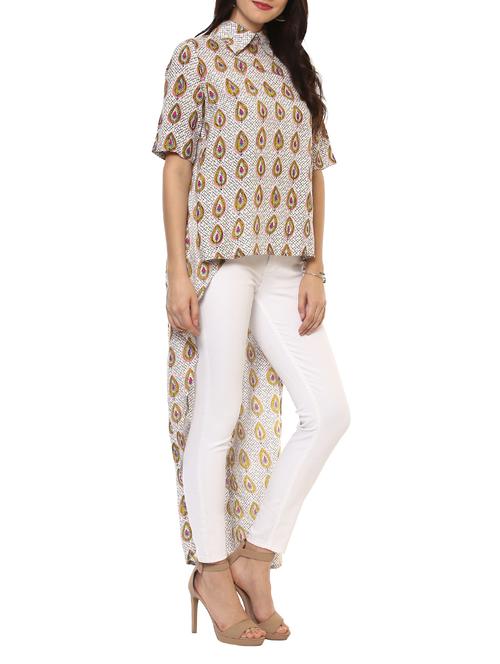 beige cotton high-low kurta - 14547678 - Very Small Image - 1