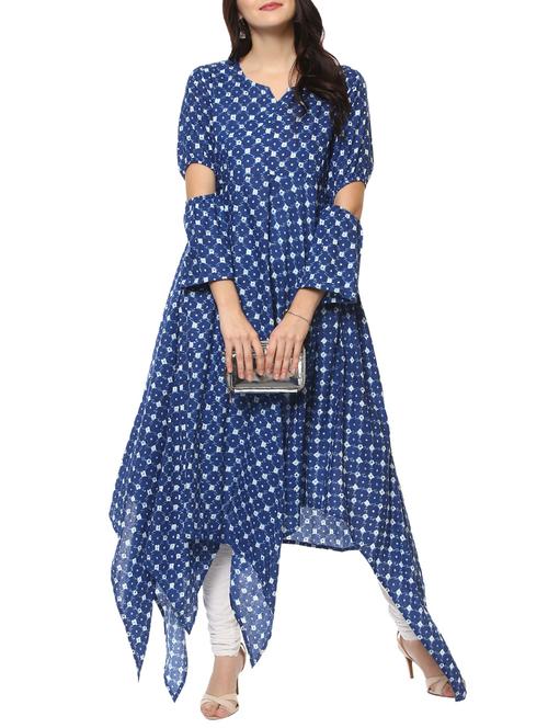 blue cotton asymmetric kurta - 14547688 - Very Small Image - 1