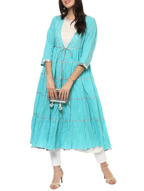 sky blue cotton tiered kurta - 14547692 - Very Small Image - 1