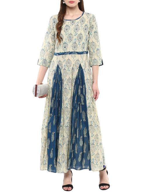 beige cotton flared kurta - 14547721 - Very Small Image - 1