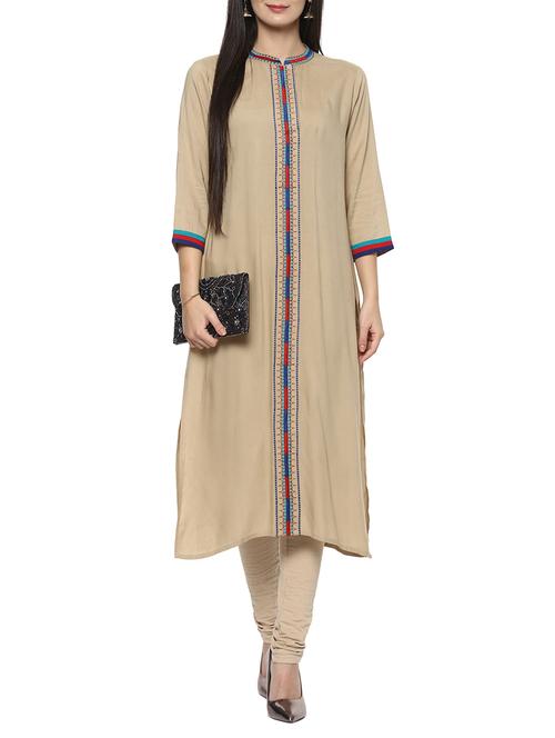 Beige solid kurta - 14547728 - Standard Image - 1