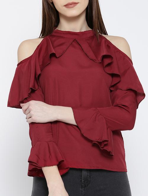 cold shoulder bell sleeved ruffle top - 14547787 - Standard Image - 1