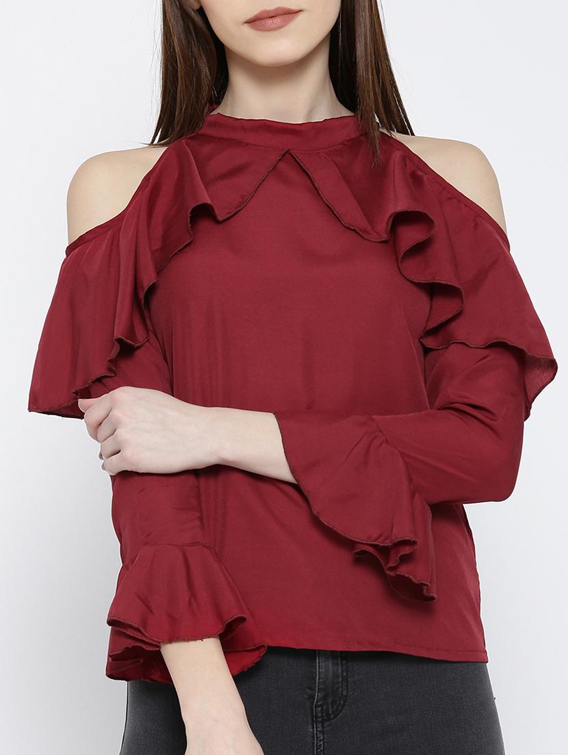 cold shoulder bell sleeved ruffle top - 14547787 - Zoom Image - 1