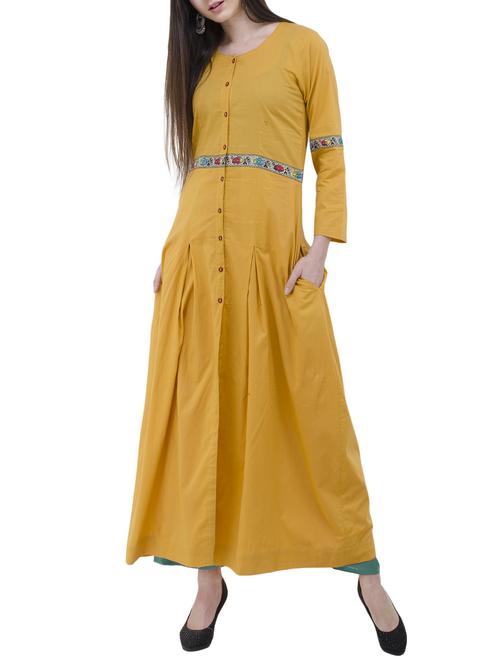 mustard cotton flared kurta - 14548980 - Very Small Image - 1