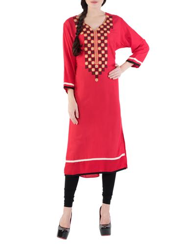 red cotton embroidered straight kurta - 14549282 - Very Small Image - 1