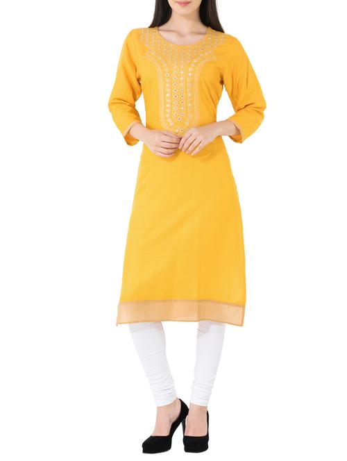 mustard cotton embroidered straight kurta - 14549285 - Standard Image - 1