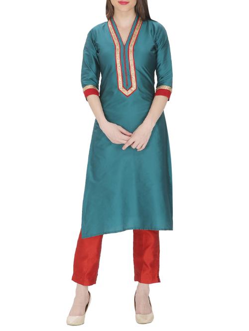 turquoise silk blend straight kurta - 14549315 - Very Small Image - 1