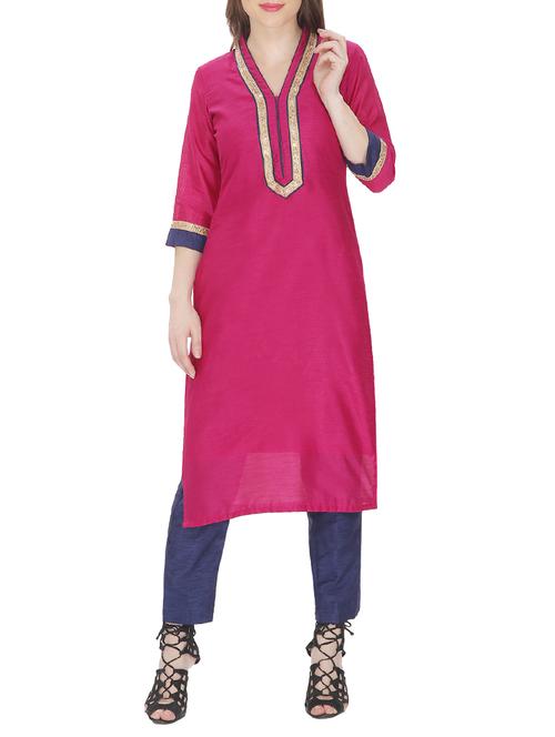 magenta silk blend straight kurta - 14549316 - Very Small Image - 1
