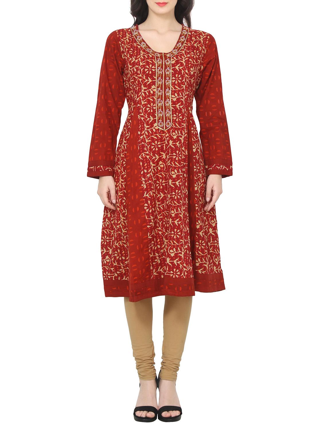 maroon cotton flared kurta - 14549392 - Zoom Image - 1