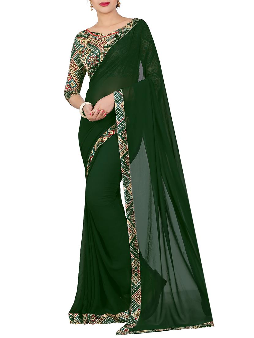 bottle green bordered saree with blouse