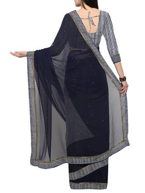 midnight blue embellished half & half saree with blouse - 14552171 - Standard Image - 2