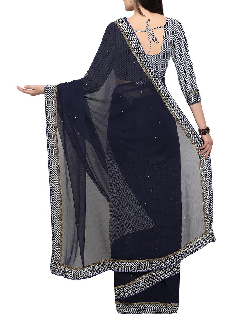 midnight blue embellished half & half saree with blouse - 14552171 - Zoom Image - 2