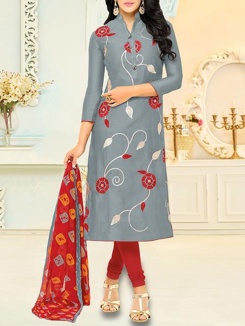 grey chanderi cotton unstitched dress material - 14552806 - Very Small Image - 1