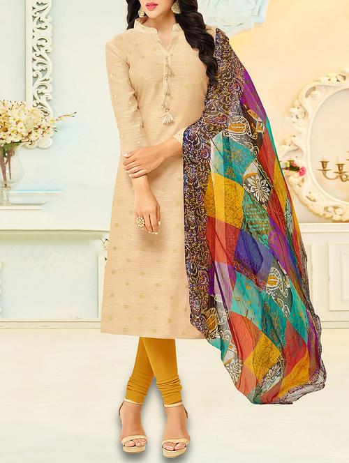 beige chanderi cotton unstitched dress material - 14552807 - Standard Image - 1