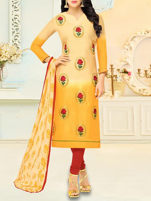yellow chanderi cotton unstitched dress material - 14552809 - Very Small Image - 1
