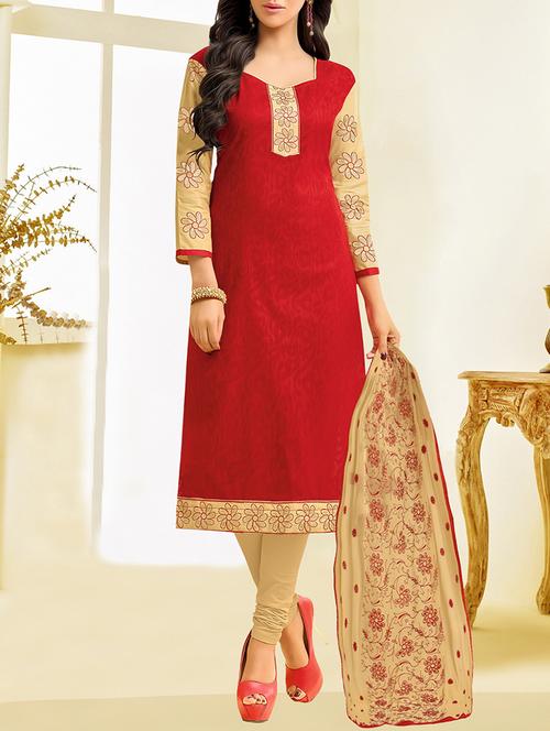 red cotton blend unstitched dress material - 14552810 - Very Small Image - 1