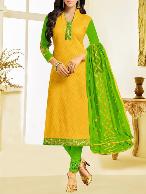 yellow cotton blend unstitched dress material - 14552811 - Very Small Image - 1