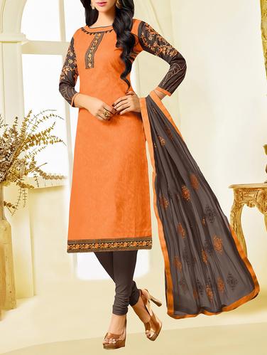 orange cotton blend unstitched dress material - 14552812 - Very Small Image - 1