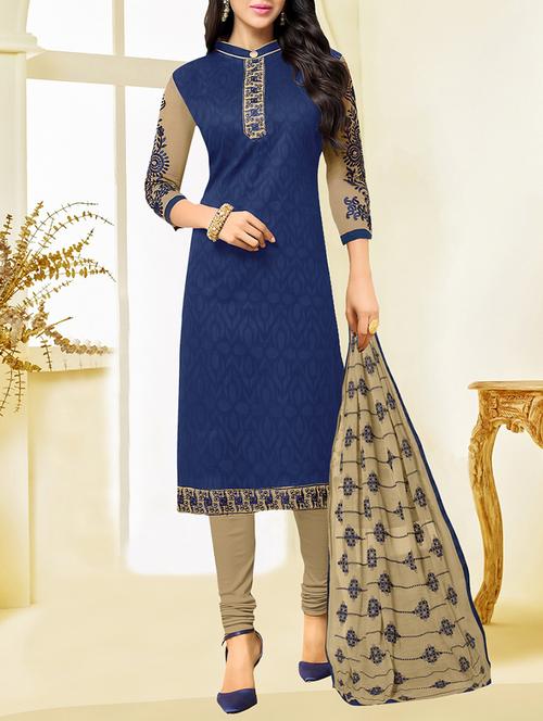 navy blue cotton blend unstitched dress material - 14552813 - Very Small Image - 1