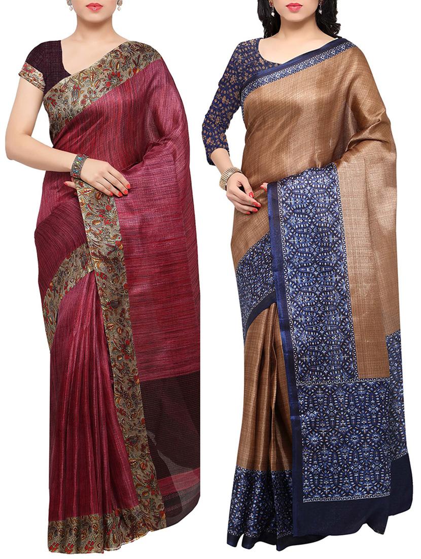 multi colored tussar silk combo saree with blouse - 14553713 - Zoom Image - 1