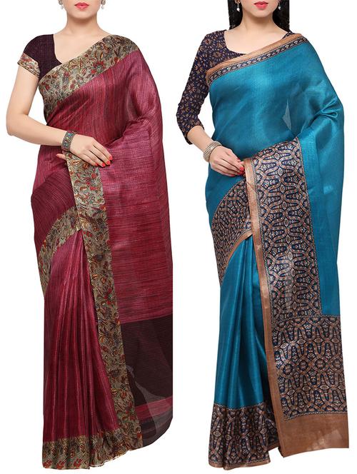 multi colored tussar silk combo saree with blouse - 14553751 - Very Small Image - 1