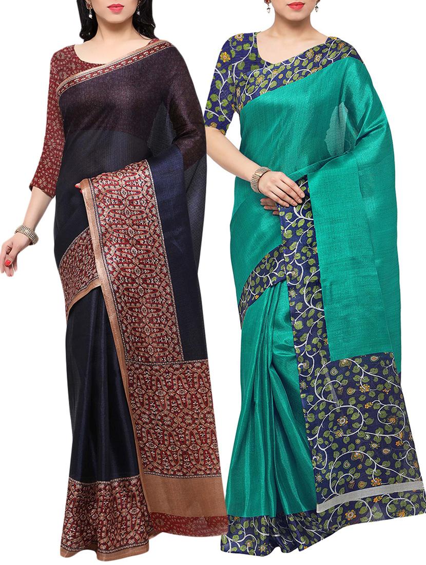 multi colored tussar silk combo saree with blouse - 14553762 - Zoom Image - 1