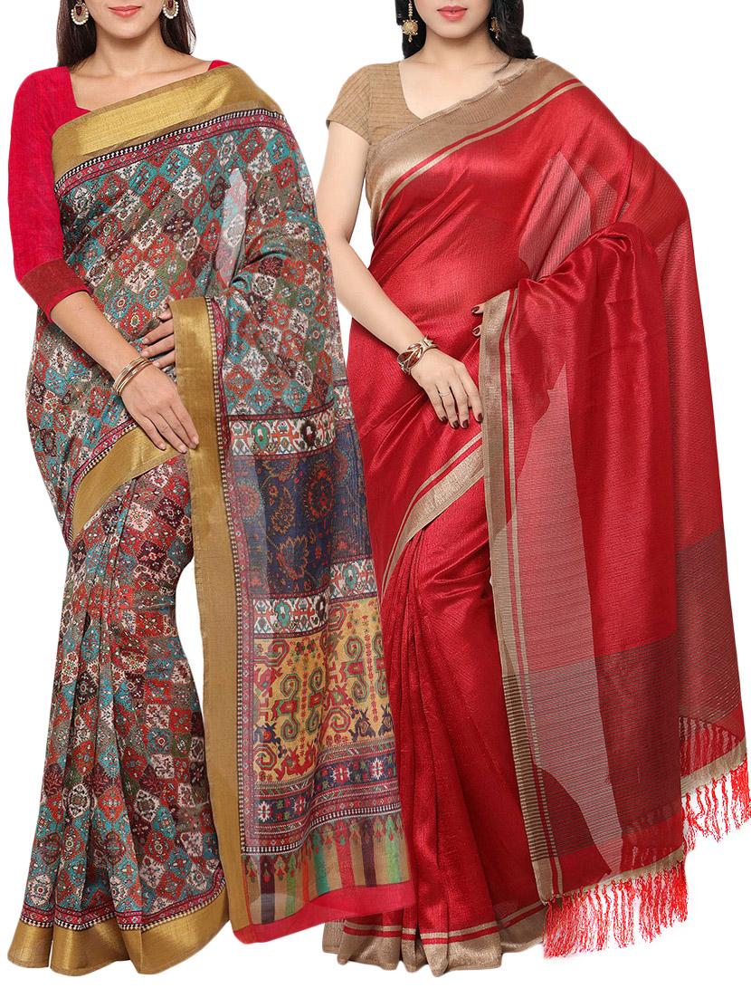 multi colored tussar silk combo saree with blouse - 14553790 - Zoom Image - 1