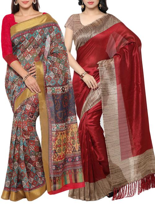 multi colored tussar silk combo saree with blouse - 14553791 - Very Small Image - 1
