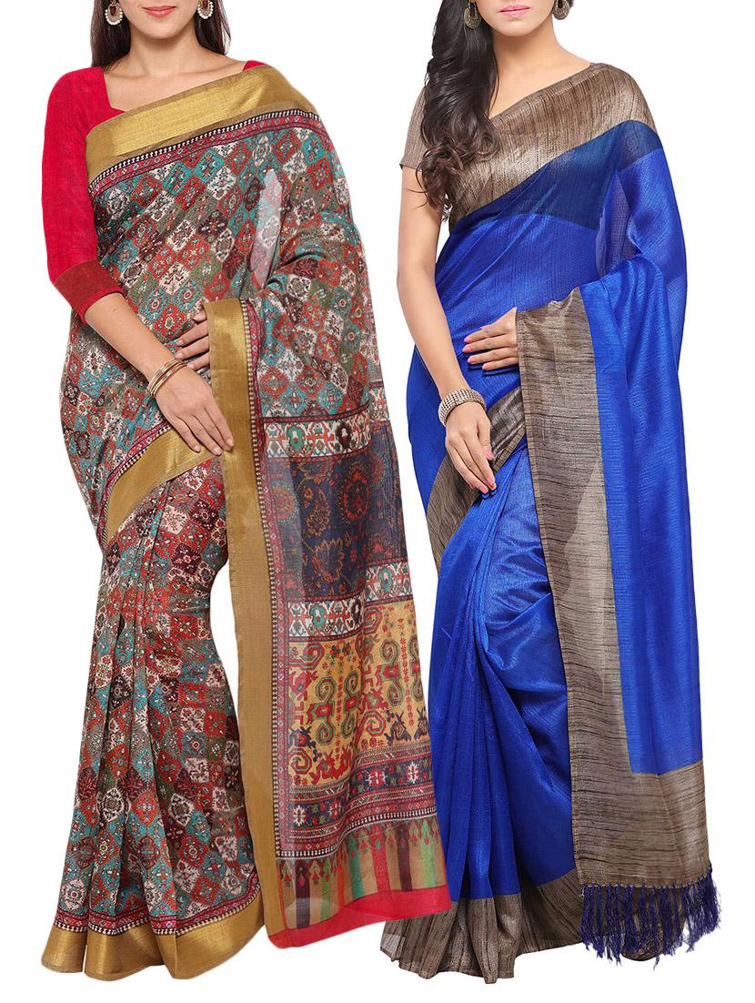 multi colored tussar silk combo saree with blouse - 14553792 - Zoom Image - 1