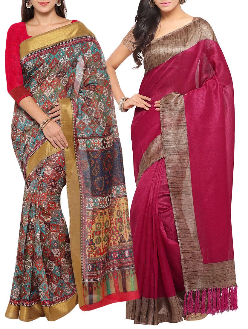 multi colored tussar silk combo saree with blouse - 14553794 - Zoom Image - 1