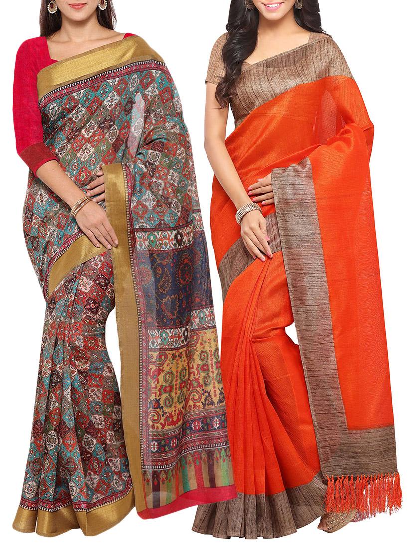 multi colored tussar silk combo saree with blouse - 14553795 - Zoom Image - 1