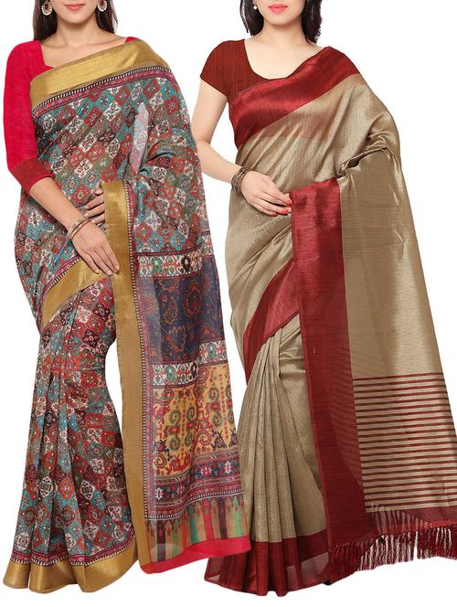 multi colored tussar silk combo saree with blouse - 14553800 - Standard Image - 1
