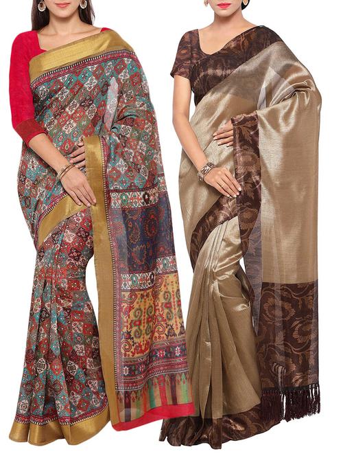 multi colored tussar silk combo saree with blouse - 14553806 - Very Small Image - 1