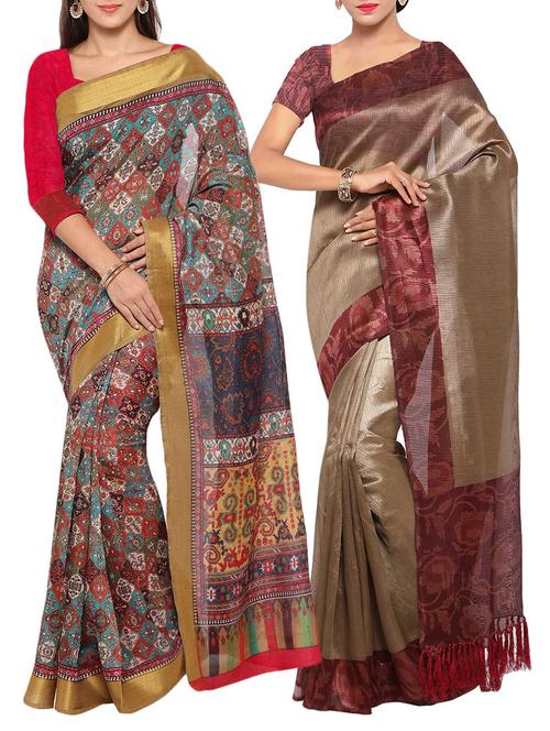 multi colored tussar silk combo saree with blouse - 14553807 - Standard Image - 1
