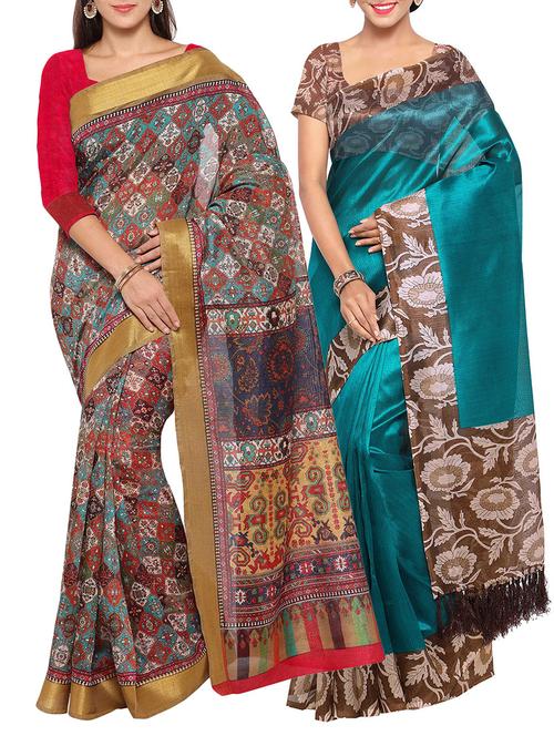 multi colored tussar silk combo saree with blouse - 14553812 - Very Small Image - 1