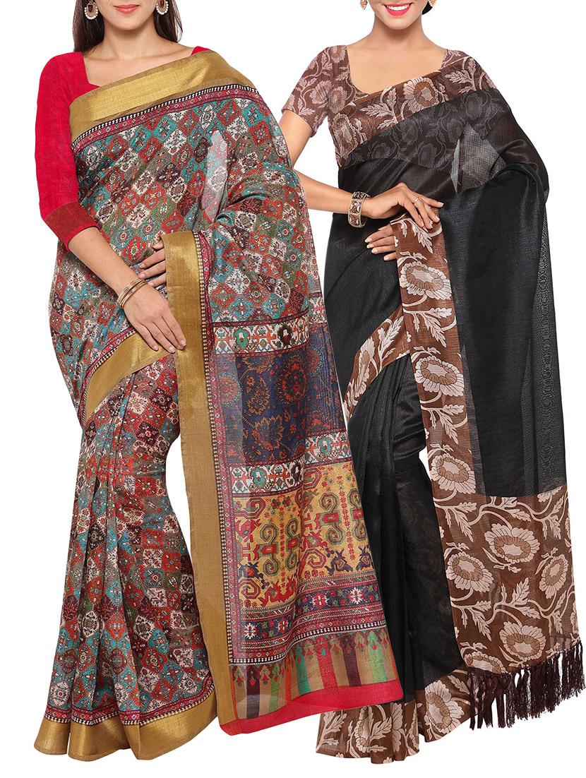 multi colored tussar silk combo saree with blouse - 14553813 - Zoom Image - 1
