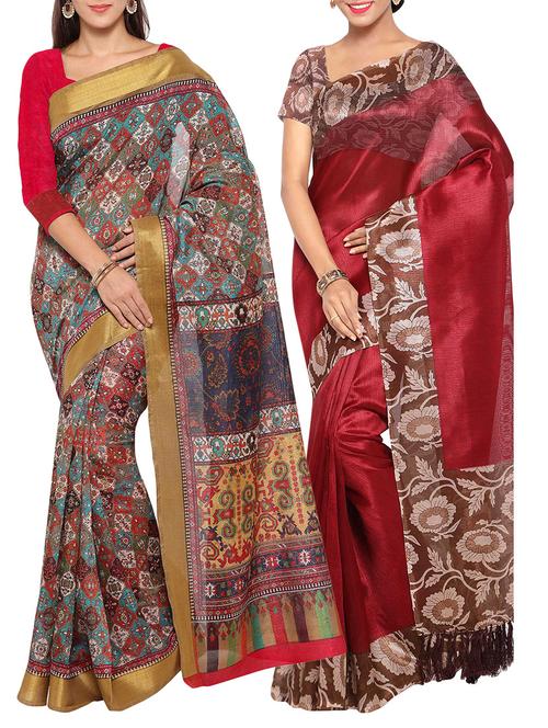 multi colored tussar silk combo saree with blouse - 14553814 - Very Small Image - 1